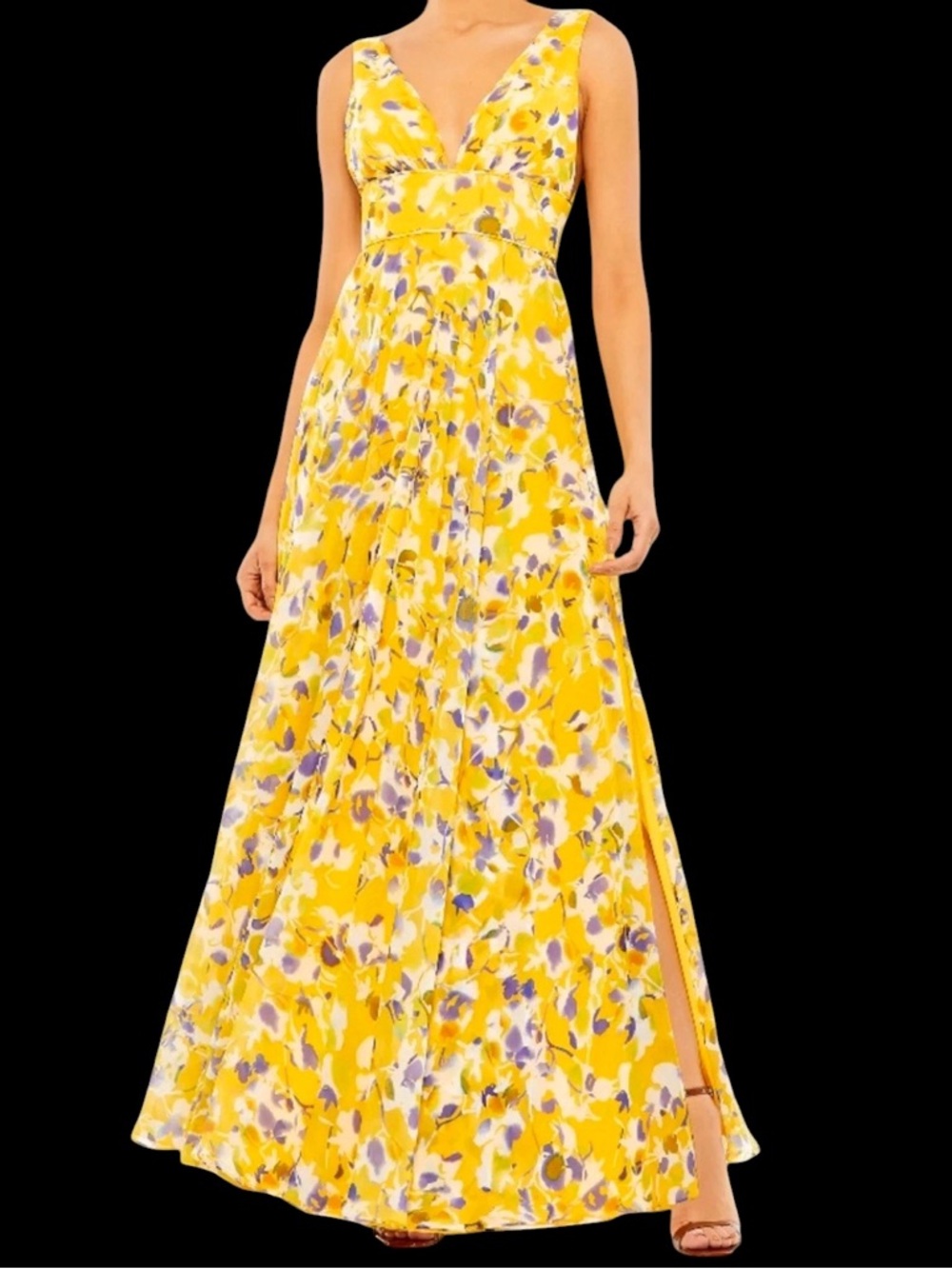 Mac Duggal Yellow Violet Floral Sleeveless V Neck Maxi Gown NWT